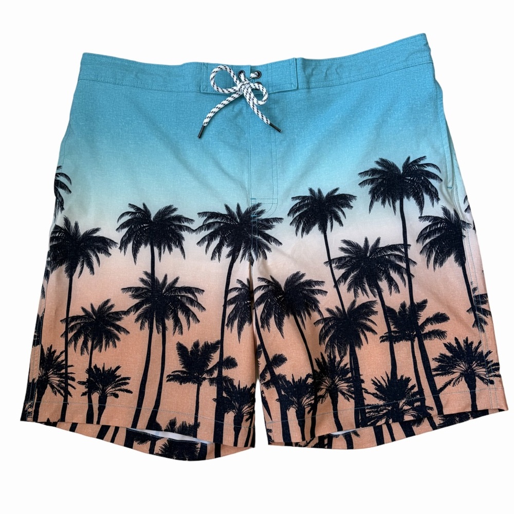 NWT Sonoma Sz XL Teal, Black and Orange Palm Tree Board Shorts Drawstring Pocket - Picture 1 of 7
